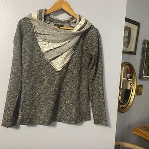 For Cynthia Boho Mixed Media Gray Marled Knit with Cream Crochet Lace Detailing